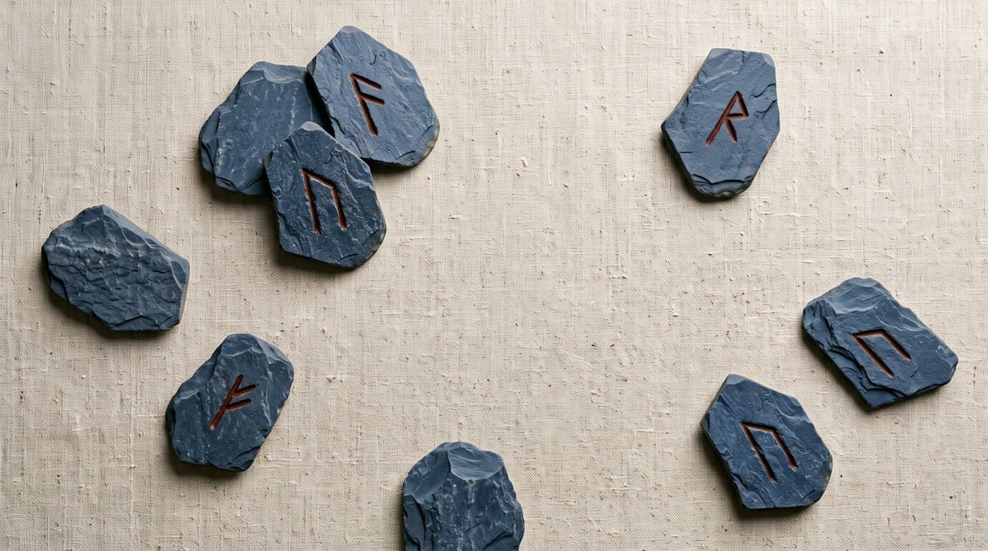 Eight rune stones scattered on linen as if just cast; two lie face down