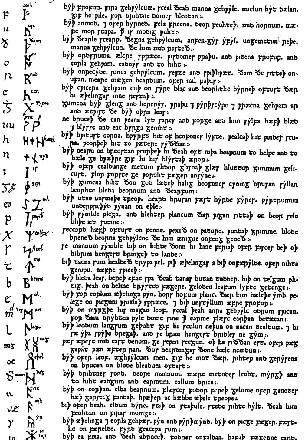 Printed page of the Old English rune poem: the runes on the left, the verses beside them
