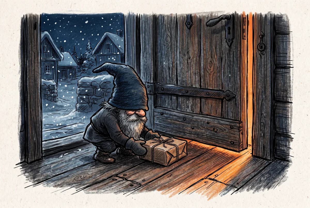 Illustration of a small elf in a pointed hat pushing a tied package under a wooden door at night as warm light spills through the gap