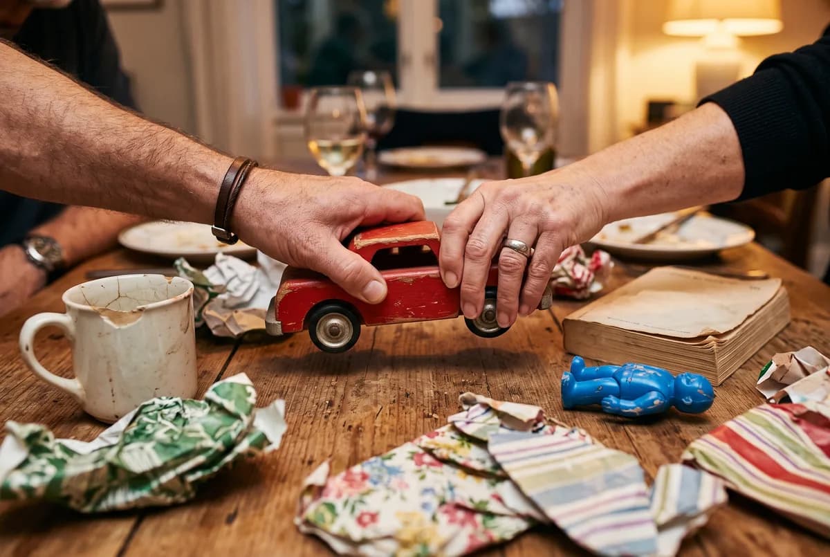 Two hands reaching from opposite sides for the same worn toy car on a wooden table, surrounded by opened secondhand gifts and crumpled wrapping paper