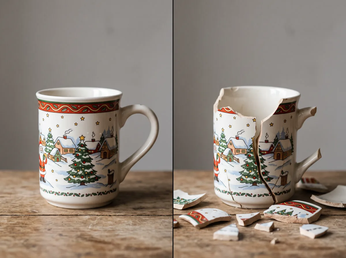 Split image with a clean, undamaged mug on the left and a chipped, cracked mug on the right