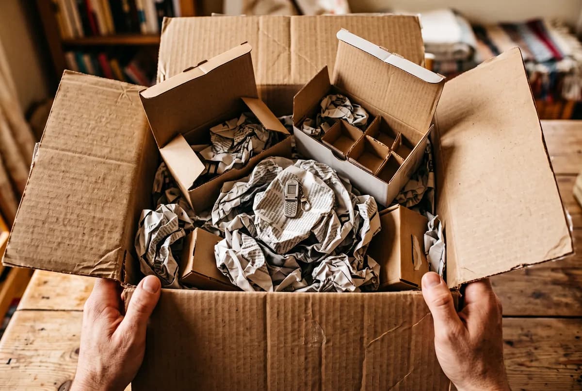 Overhead view into a large box filled with smaller boxes and crumpled newspaper, with one tiny gift on top