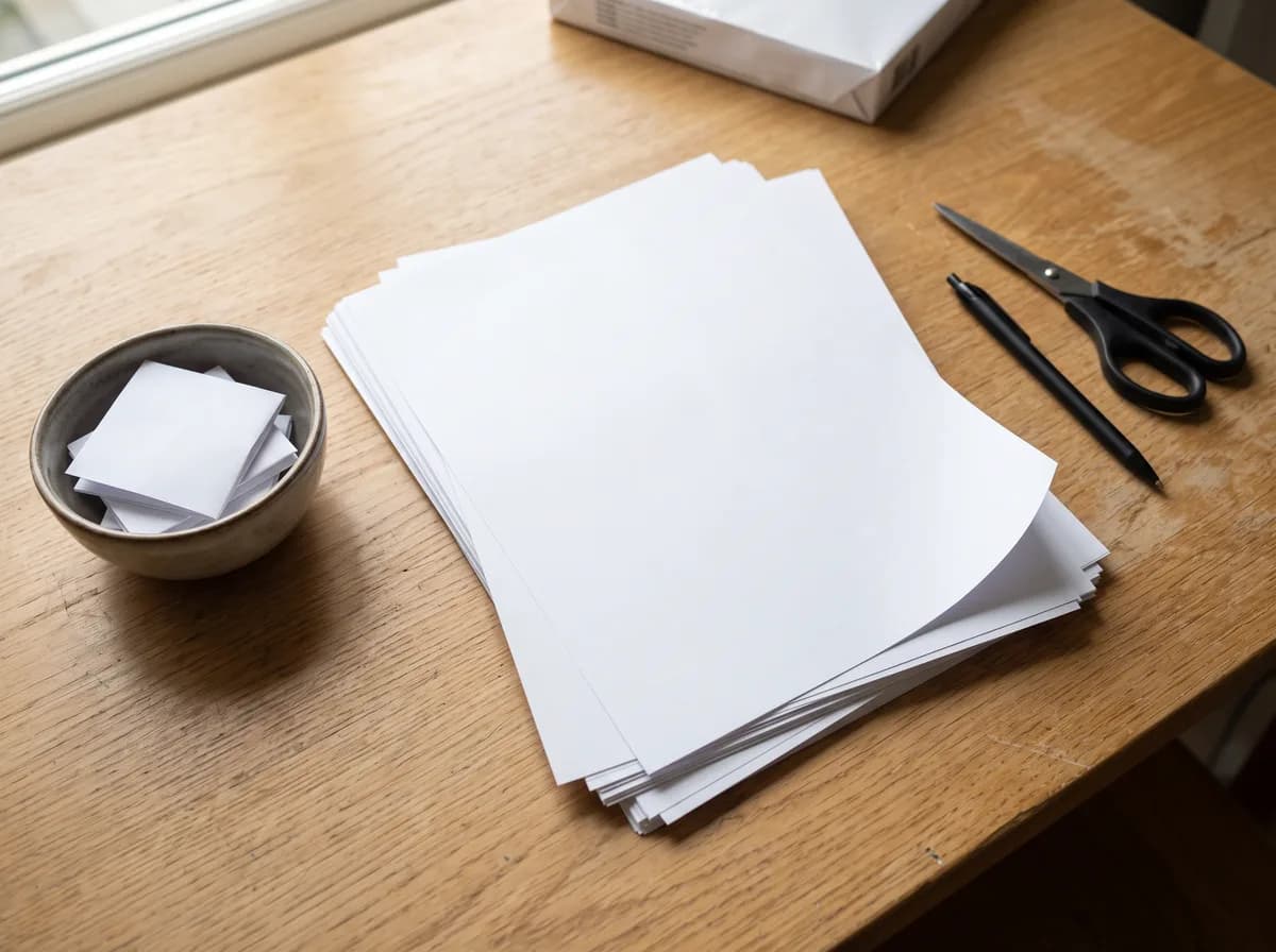 Overhead view of a light wood table with several overlapping blank white sheets, scissors, a pen, and a bowl of folded slips