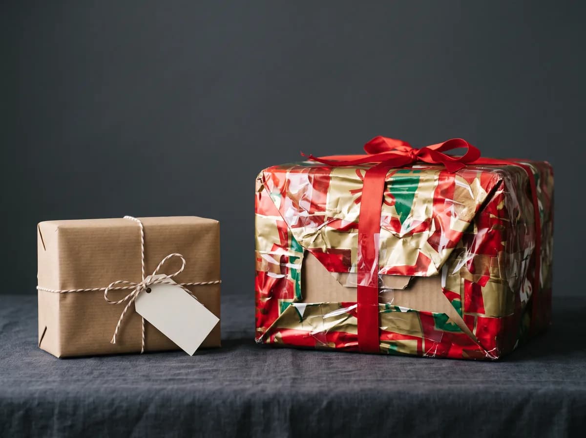 A small gift carefully wrapped in kraft paper with a blank tag beside a much larger box in glossy wrapping paper