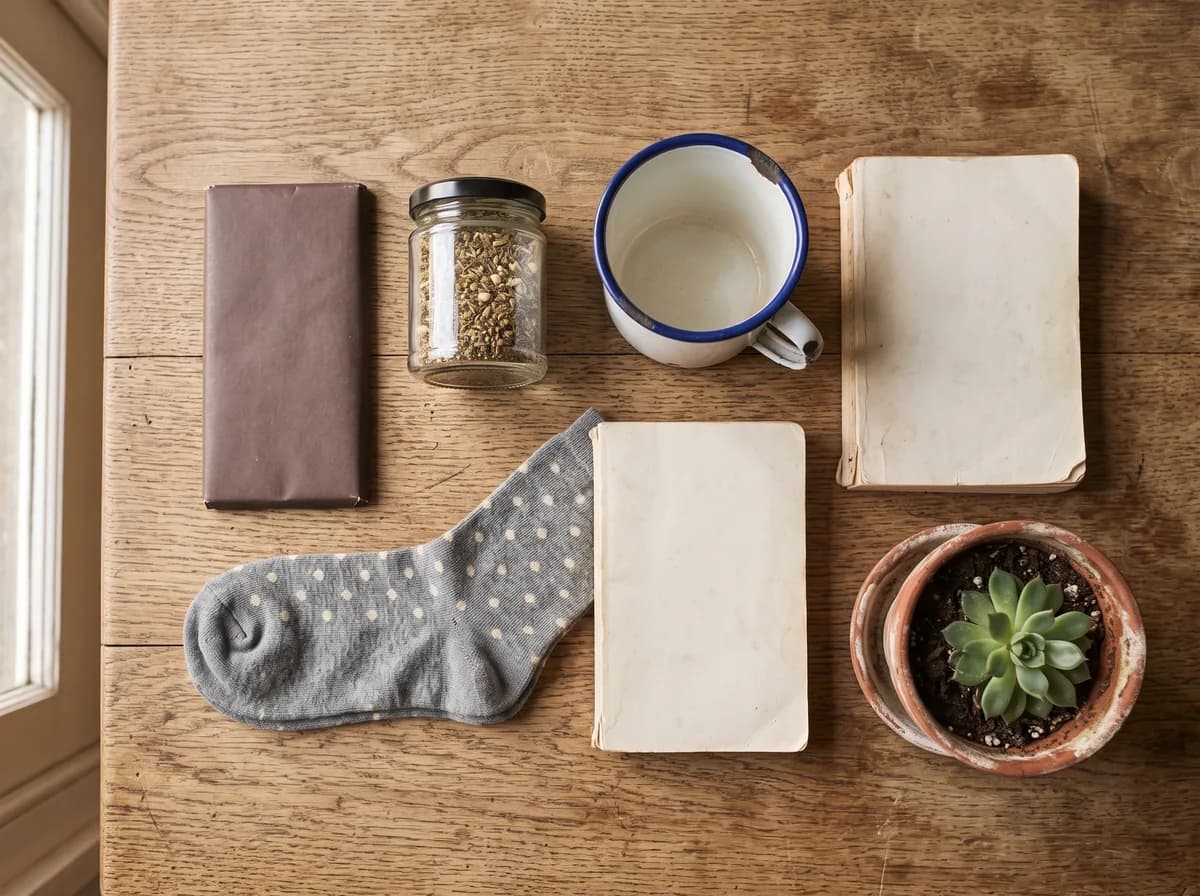 Six everyday Secret Santa gifts on a wooden table: chocolate, a spice jar, patterned socks, an enamel mug, a paperback, and a small potted plant