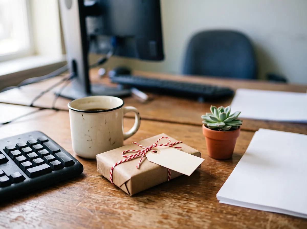 A small gift wrapped in kraft paper with a blank tag on the corner of a desk beside a keyboard, coffee mug, and potted succulent