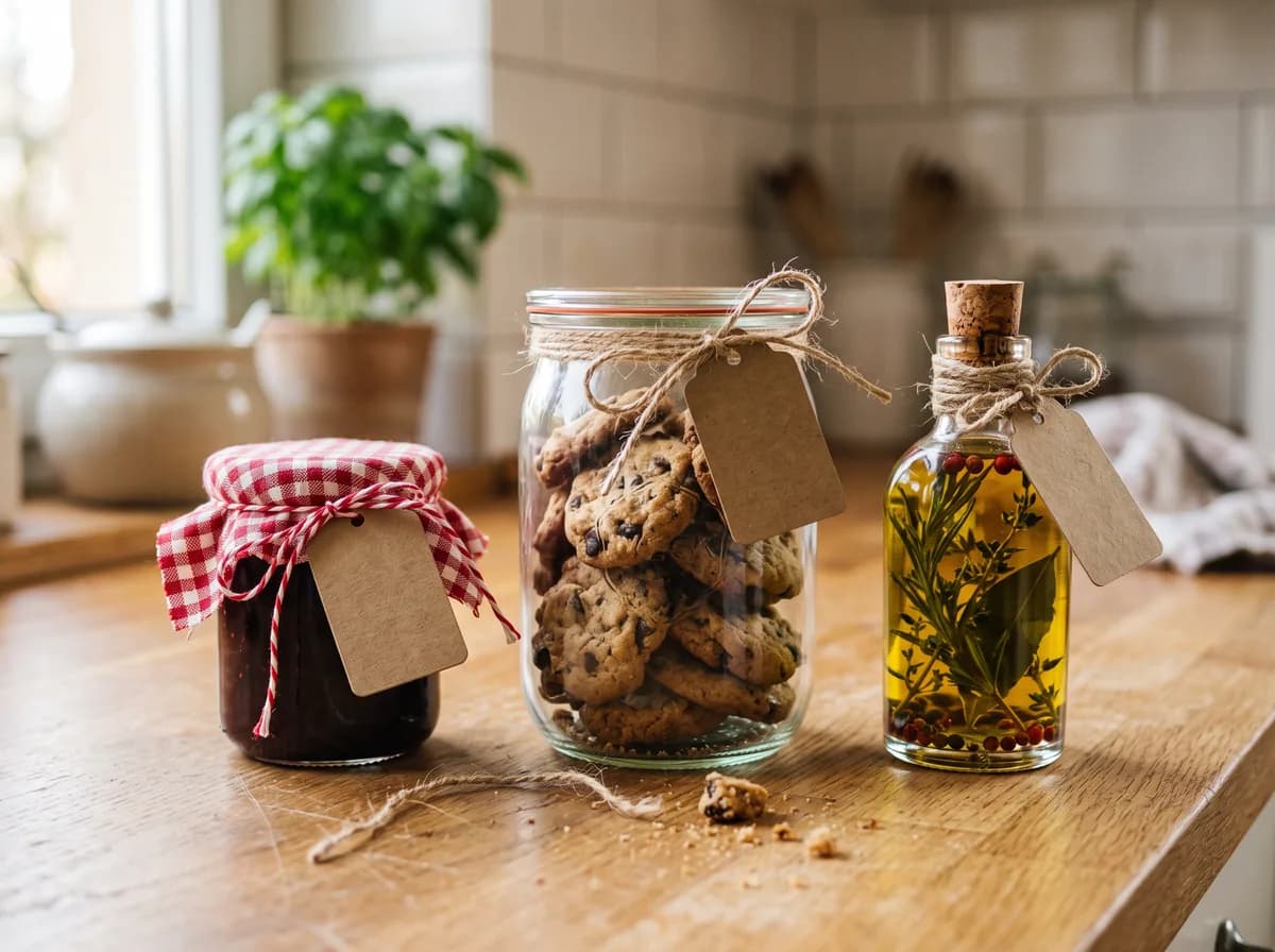 Three homemade Secret Santa gifts on a kitchen counter: cookies in a mason jar, jam with a fabric cover, and a small bottle of herb oil