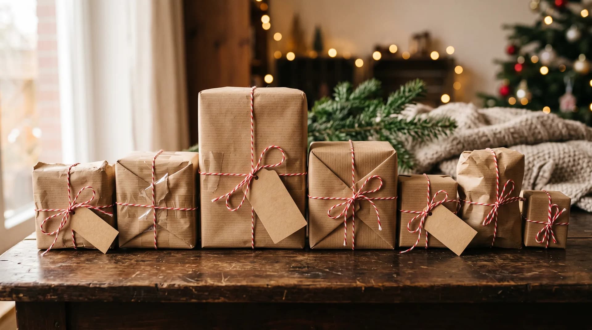Several Secret Santa gifts wrapped in kraft paper with baker’s twine and blank tags, lined up on a dark wooden table