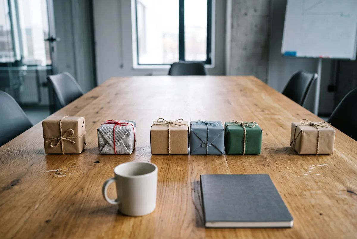 Six differently wrapped gifts lined up on a conference table, with a clear empty space second from the right