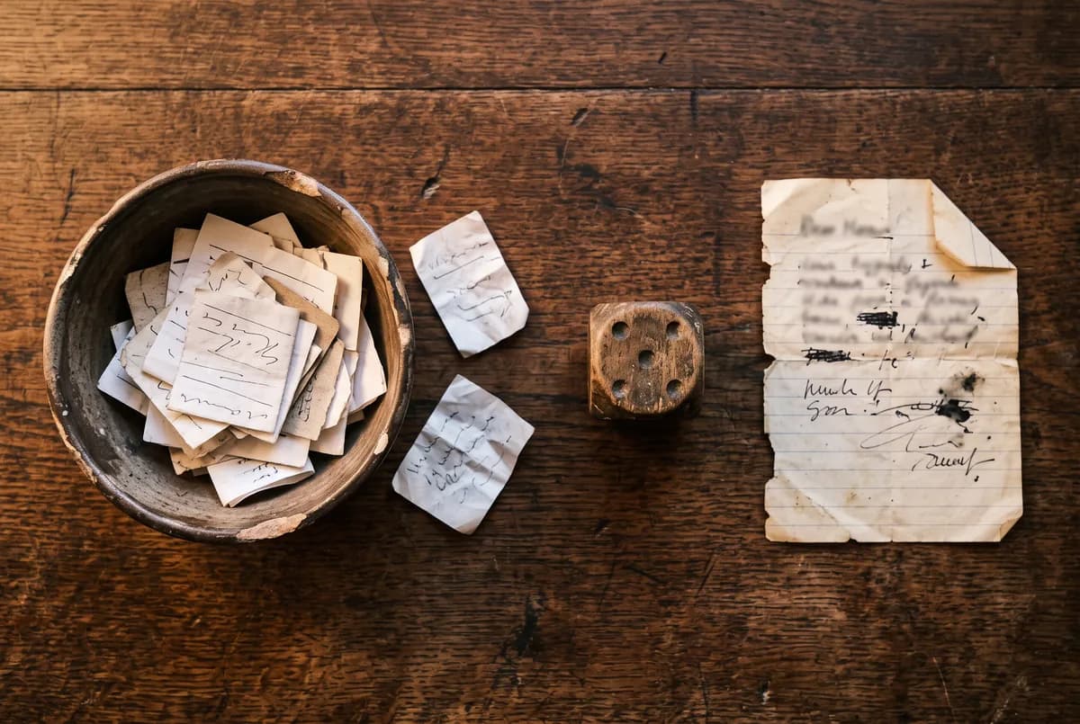 A bowl of folded name slips, a wooden die, and a handwritten note side by side on a wooden table