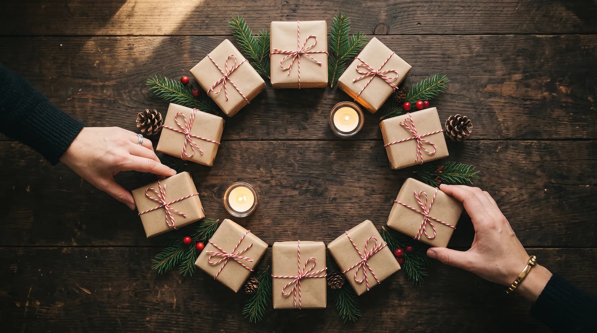 A group arranging small kraft-paper Secret Santa gifts in a circle on a dark wooden table with evergreen branches and tea lights