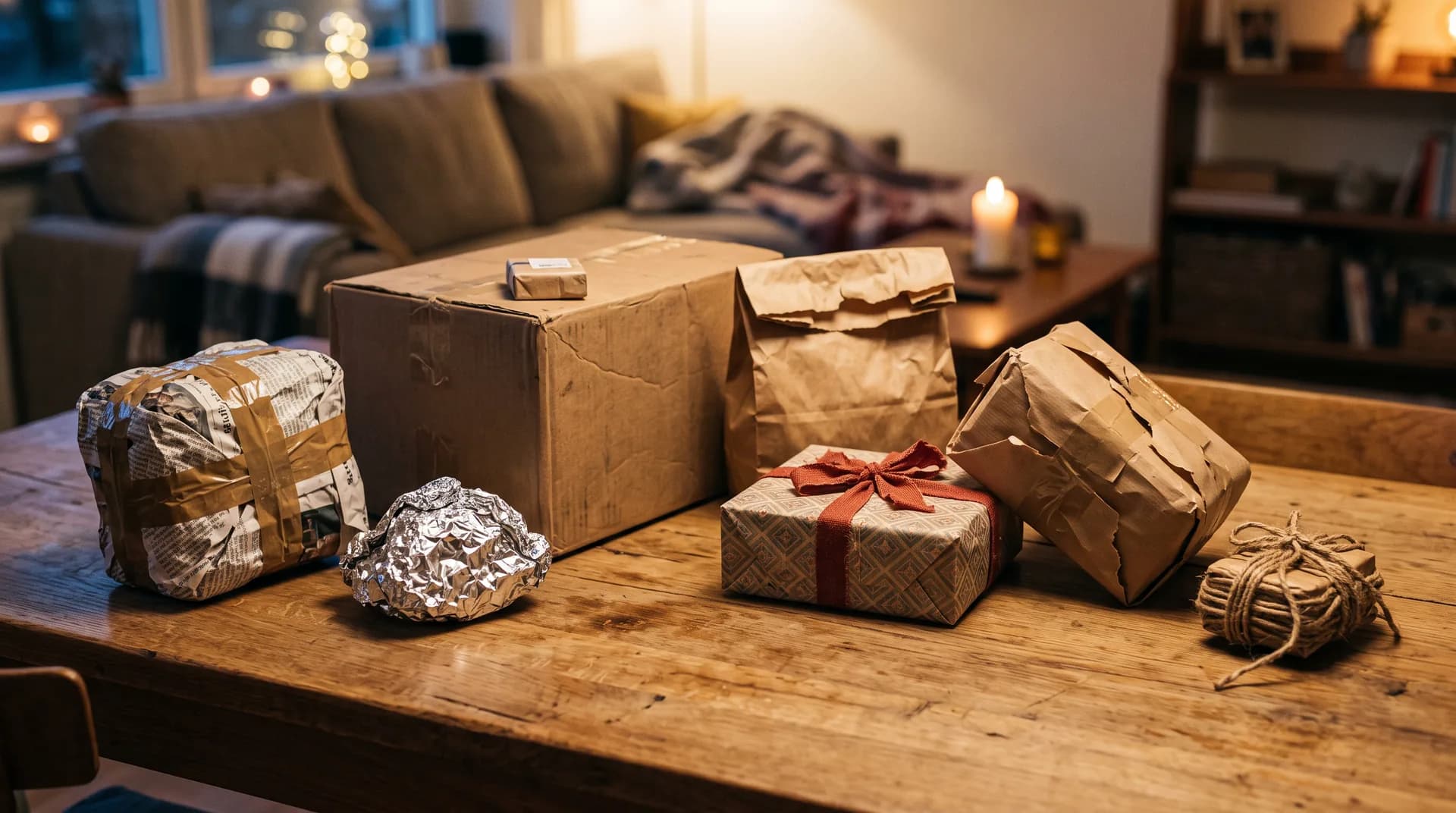 Seven wildly different White Elephant gifts on a living-room table, wrapped in newspaper, foil, a paper bag, and an oversized taped box