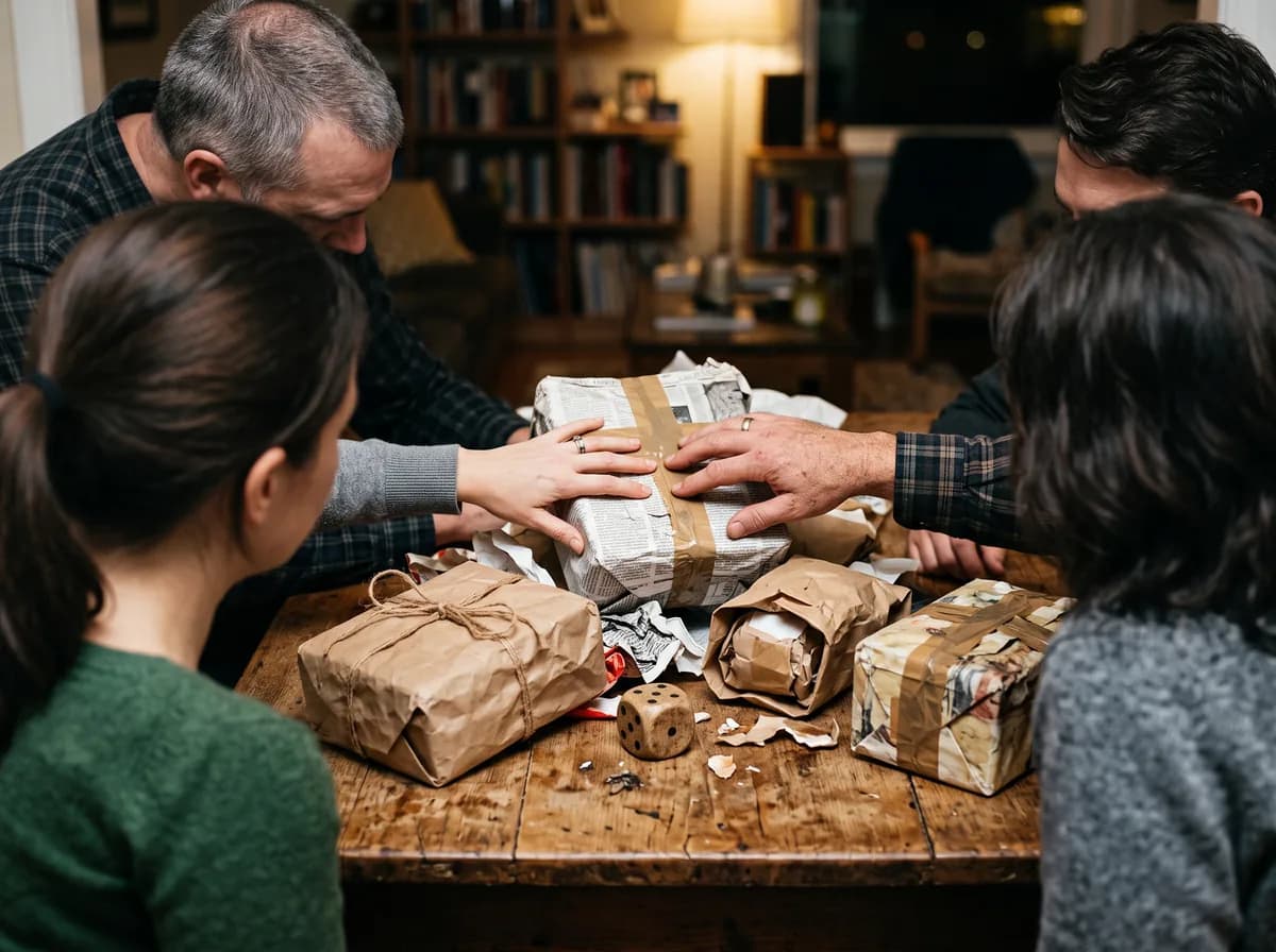 Six people around a living-room table covered with differently wrapped gifts, a die, and crumpled wrapping paper