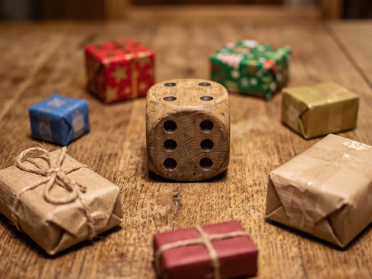 A single wooden die showing six in sharp focus on a wooden table, surrounded by a blurred circle of differently wrapped gifts