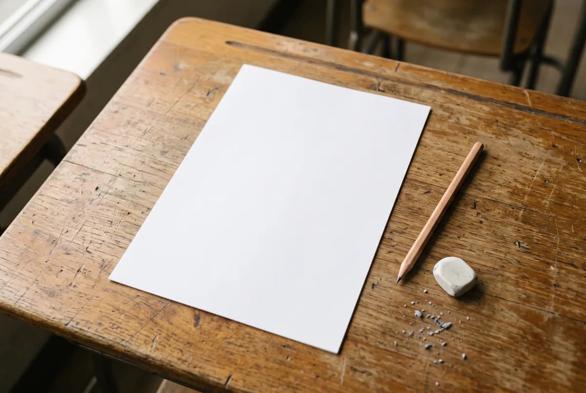 A blank white sheet on a worn wooden school desk beside a sharpened pencil and an eraser with crumbs