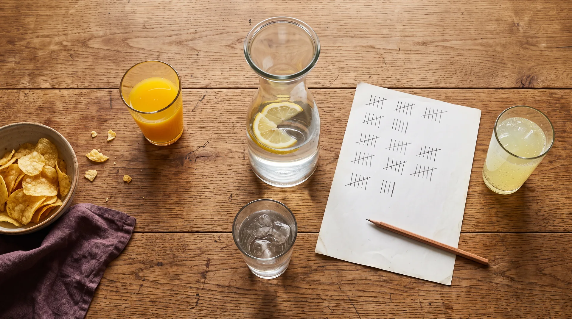 Water glasses and a score sheet set up for an alcohol-free game