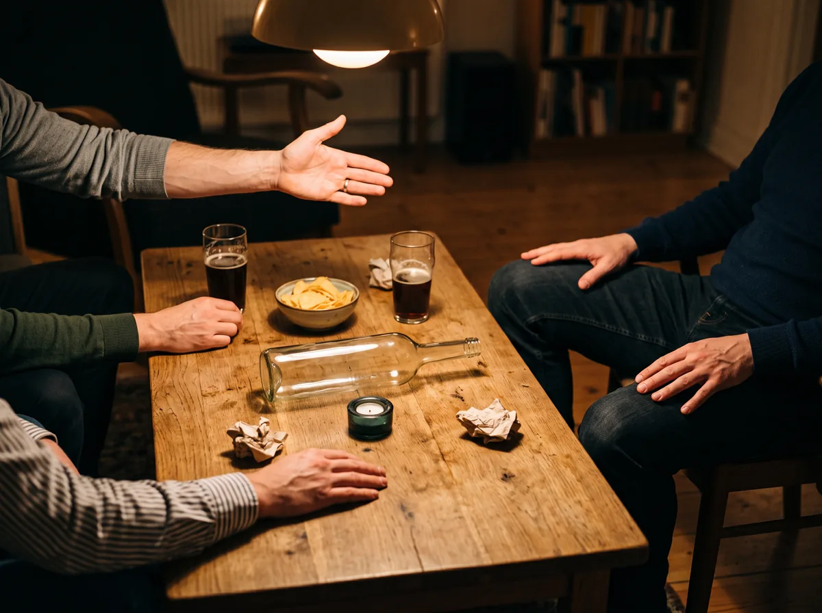 A group around a table as one player is asked a question