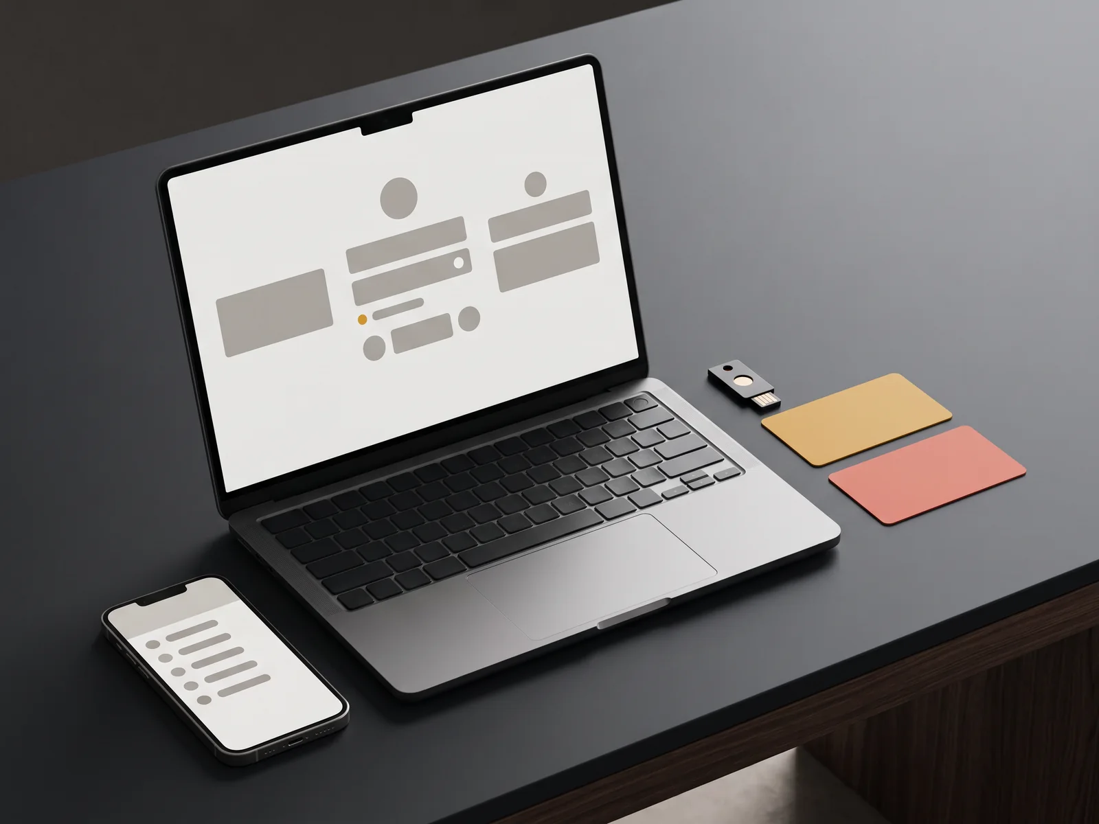 Laptop und Smartphone zeigen eine abstrakte Kontowiederherstellung neben einem Sicherheitsschlüssel