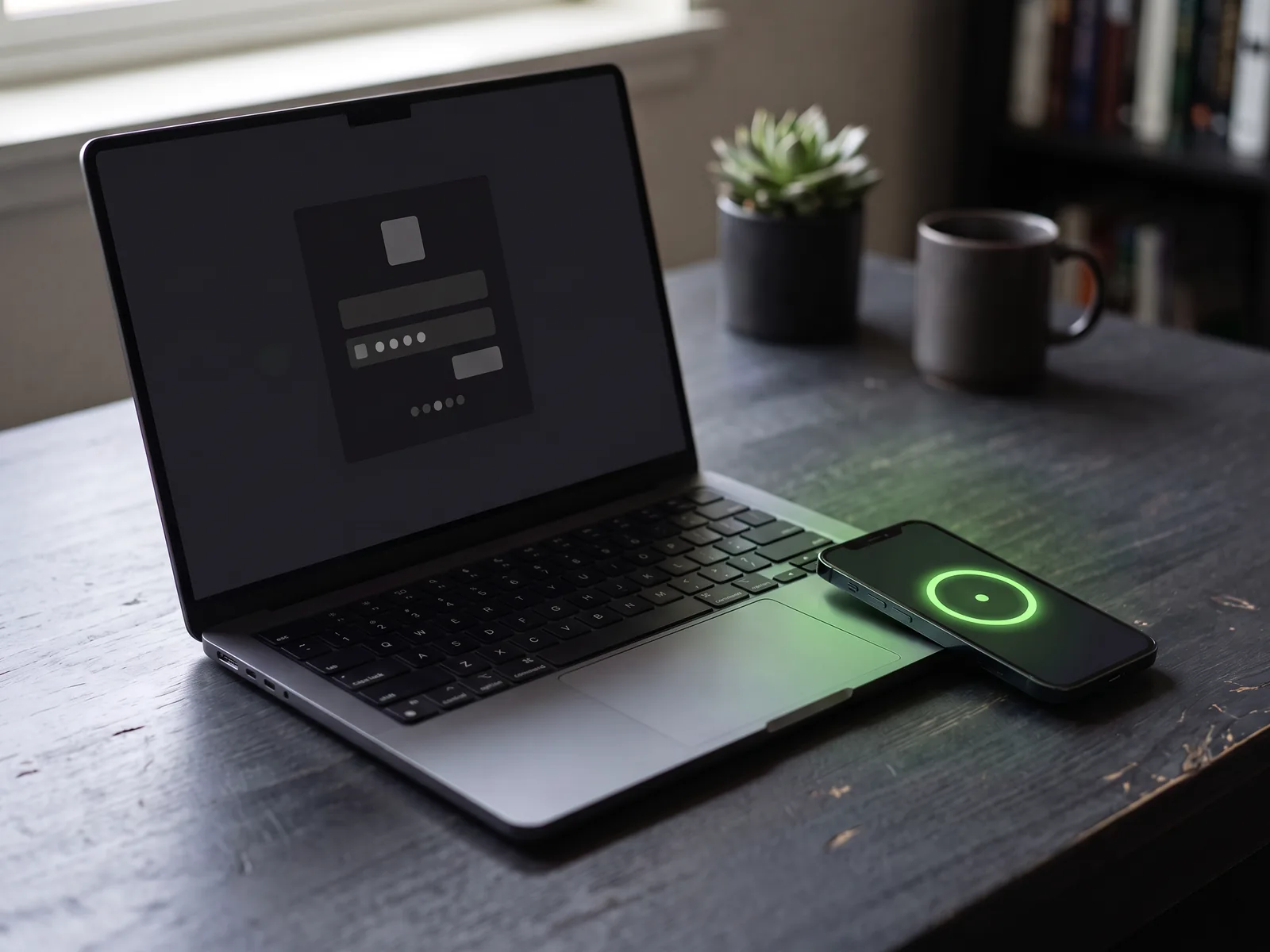Ein Laptop zeigt eine Anmeldung; das Smartphone daneben bestätigt sie mit einem grünen Ring