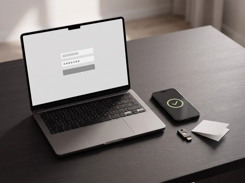 Laptop und Smartphone zeigen eine abstrakte Anmeldebestätigung; daneben liegen ein Sicherheitsschlüssel und eine Ersatzkarte