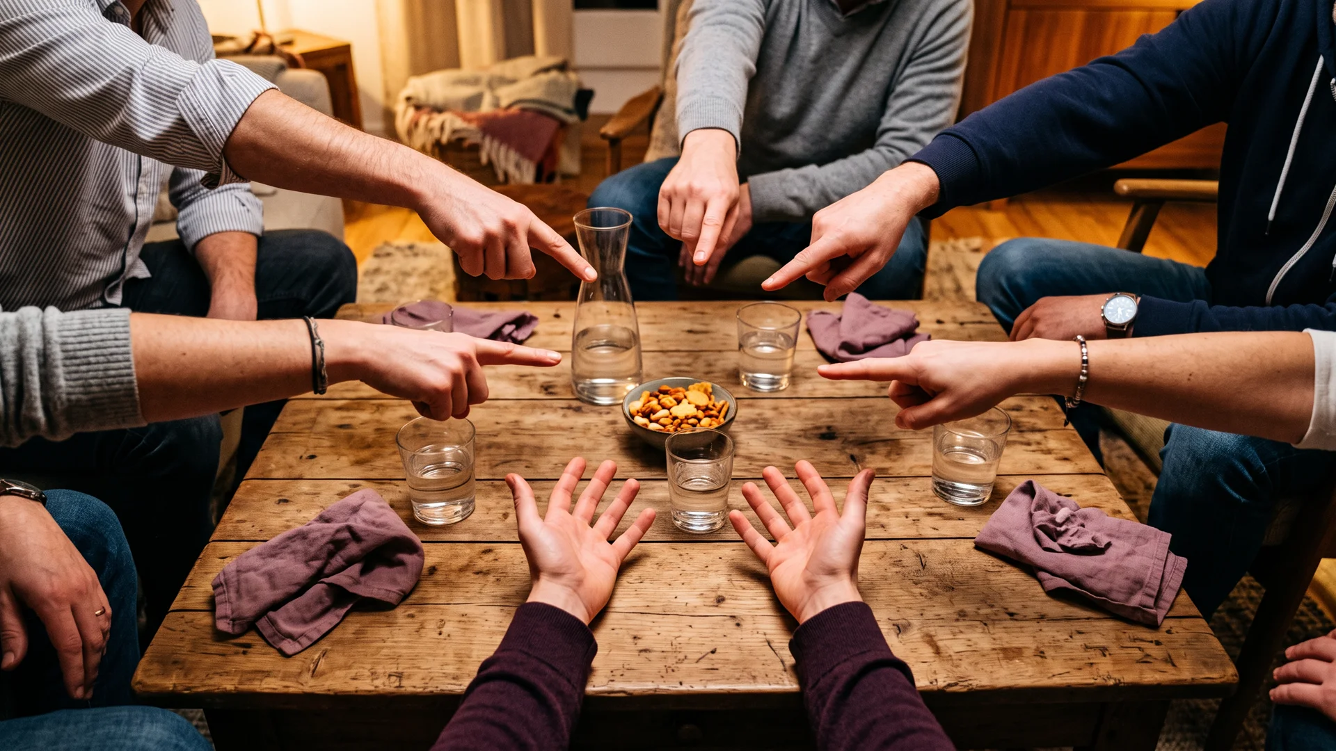 Several people pointing at the same player across a table